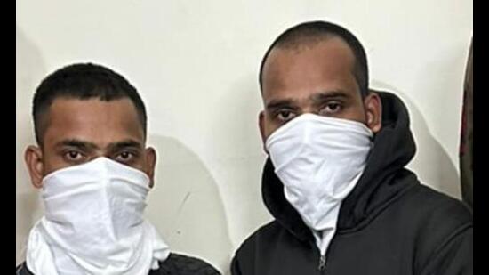 Identified as Pawan Singh Rana and Jhunu Kumar, the accused work as labourers in Mohali and had fled to their home state after murdering Gayatri Devi by slitting her throat, said police. (HT PHOTO ) Identified as Pawan Singh Rana and Jhunu Kumar, the accused work as labourers in Mohali and had fled to their home state after murdering Gayatri Devi by slitting her throat, said police. (HT PHOTO )
