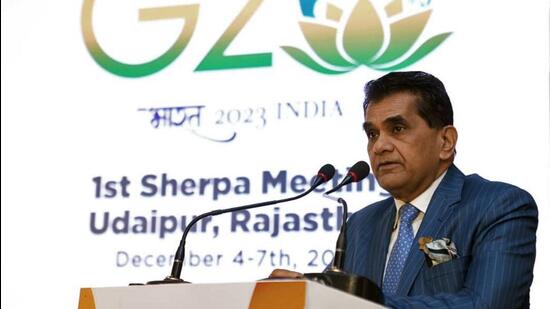 Amitabh Kant addresses the first G20 Sherpa meeting in Udaipur. (ANI Photo)