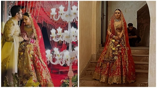 For her big day, Hansika Motwani opted for a gorgeous red embellished lehenga while her beau Sohael Khaturiya looked dapper in his ivory sherwani.(Instagram)