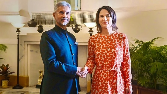 External affairs minister S Jaishankar in a meeting with minister for foreign affairs of Germany Annalena Baerbock in New Delhi on Monday.(PTI)