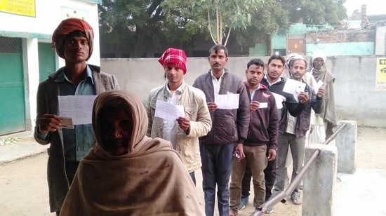 Bypolls LIVE: Voters queue up to vote for UP's Mainpuri Lok Sabha seat. (HT Photo)