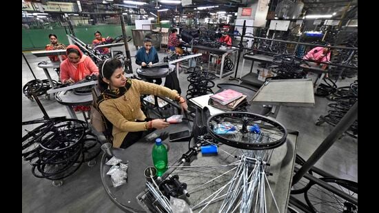 Bicycles being manufactured at Hero Cycles in Ludhiana, where 3,500 employees make 10,000 cycles daily. The company sold 25,000 cycles a day during the Covid-19 pandemic. (Gurpreet Singh/HT)