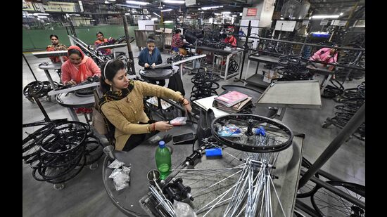 Bicycles being manufactured at Hero Cycles in Ludhiana, where 3,500 employees make 10,000 cycles daily. The company sold 25,000 cycles a day during the Covid-19 pandemic. (Gurpreet Singh/HT)