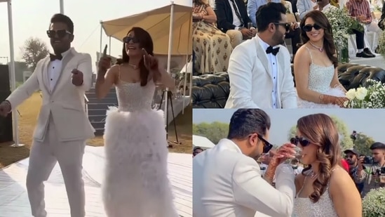 For the pre-wedding celebrations which was held in Jaipur, Hansika Motwani and Sohael Kathuriya twinned in chic all-white fits.(Instagram)