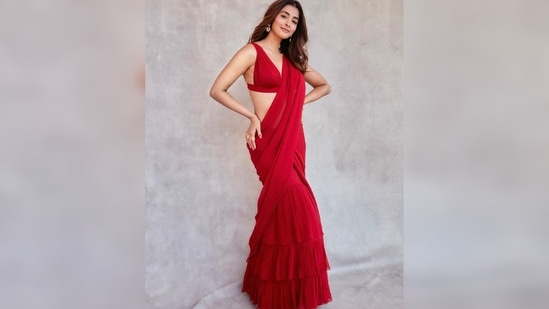 Pooja Hegde picked her gorgeous contemporary saree from the shelves of designer Arpita Mehta's luxury clothing line.(Instagram/@hegdepooja)