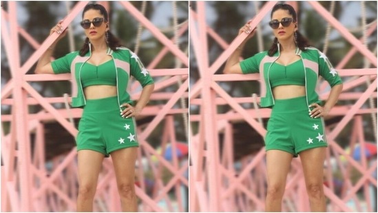 Sunny played muse to fashion designer Nidhi Malhan and picked a green co-ord set from the shelves of the designer.(Instagram/@sunnyleone)