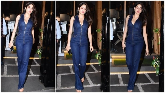 Janhvi Kapoor gets clicked in a denim jumpsuit during an outing in Mumbai. (HT Photo/Varinder Chawla)