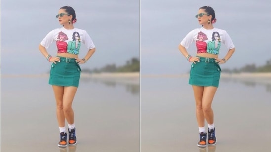 Sunny's fashion diaries are getting better by the day. The actor, a day back, shared a set of pictures of herself decked up in a quirky top and a short skirt.(Instagram/@sunnyleone)