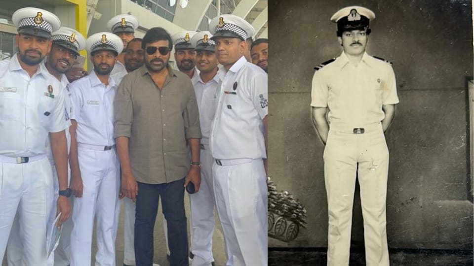Chiranjeevi posed with Indian Navy officers in Goa (left); a throwback photo from the actor's NCC days. Chiranjeevi posed with Indian Navy officers in Goa (left); a throwback photo from the actor's NCC days.