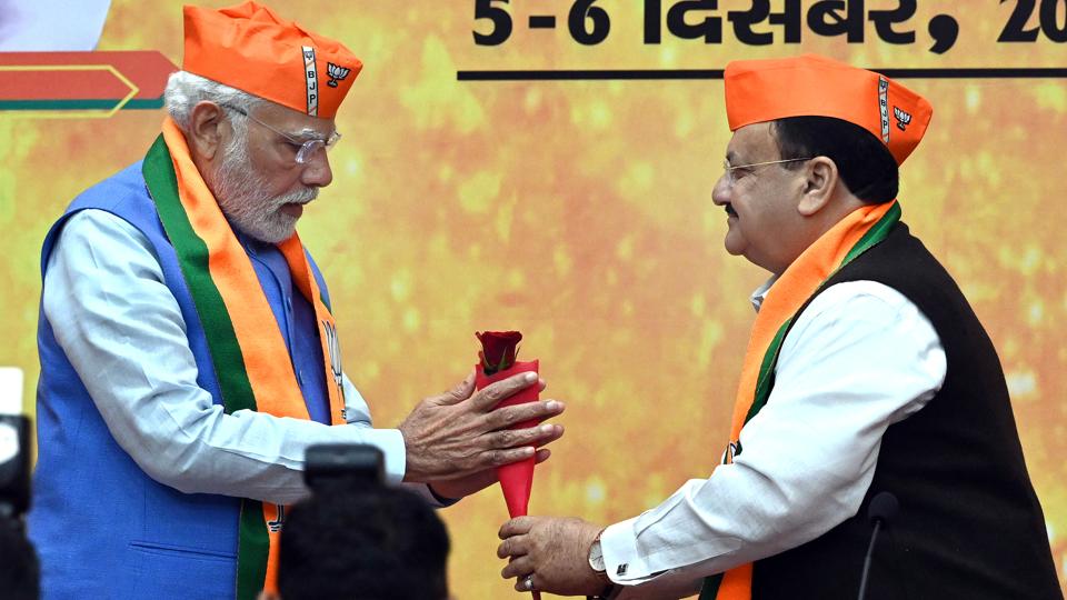 Prime Minister Narendra Modi greeted by the BJP national president JP Nadda during the party's two-day National Office Bearer’s meeting at the BJP HQ in New Delhi, India, on Monday, December 5, 2022. (Photo by Ajay Aggarwal/ Hindustan Times) Prime Minister Narendra Modi greeted by the BJP national president JP Nadda during the party's two-day National Office Bearer’s meeting at the BJP HQ in New Delhi, India, on Monday, December 5, 2022. (Photo by Ajay Aggarwal/ Hindustan Times)