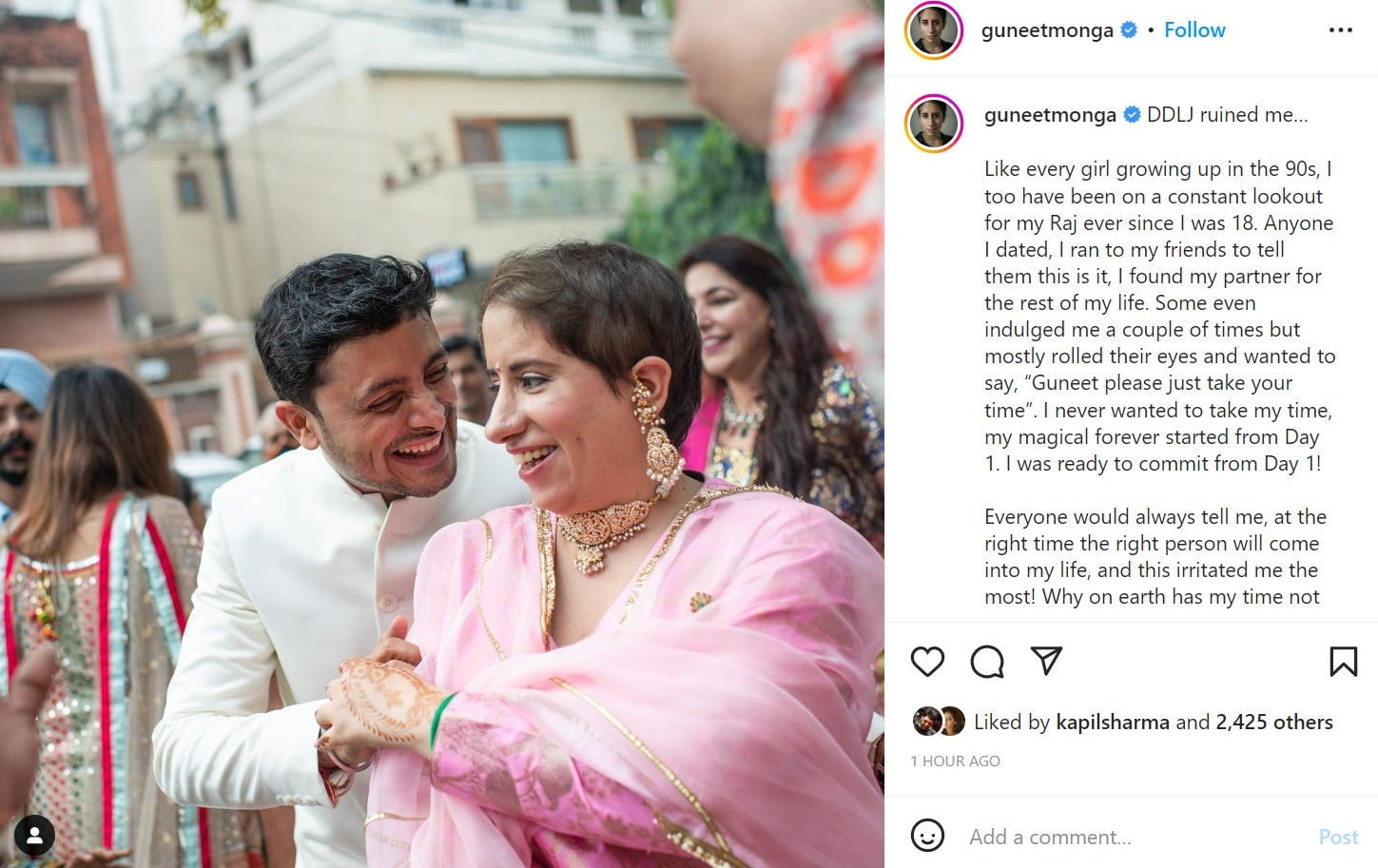 Guneet Monga has shared a picture from her engagement with a note.