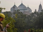 Mathura: A security personnel stand guard near Sri Krishna Janambhumi and Shahi Mosque Eidgah a day before the Babri Mosque Demolition Day, in Mathura, Monday, (PTI) Mathura: A security personnel stand guard near Sri Krishna Janambhumi and Shahi Mosque Eidgah a day before the Babri Mosque Demolition Day, in Mathura, Monday, (PTI)