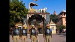 Security personnel outside Krishna Janmabhoomi temple in Mathura on Tuesday. (PTI) Security personnel outside Krishna Janmabhoomi temple in Mathura on Tuesday. (PTI)