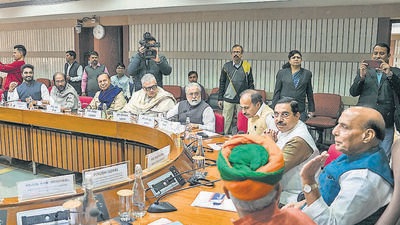 Defence minister Rajnath Singh at the all-party meeting at Parliament House on Tuesday. (PTI) Defence minister Rajnath Singh at the all-party meeting at Parliament House on Tuesday. (PTI)