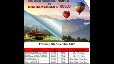 Alliance Air on Tuesday announced the schedule of its direct flights on Shimla-Dharamshala-Shimla and Shimla-Kullu-Shimla routes starting Friday. (Twitter/@allianceair)