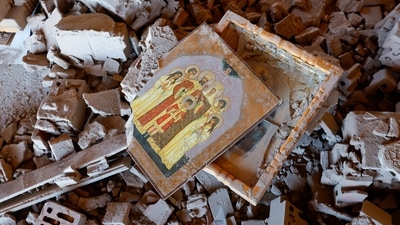 Religious artefacts were spotted amidst the debris of a building on the premises of Bakhmut's local church, which was damaged in shelling in the course of the Russia-Ukraine conflict in Donetsk, Russian-controlled Ukraine on December 5. (Alexander Ermochenko / REUTERS ) Religious artefacts were spotted amidst the debris of a building on the premises of Bakhmut's local church, which was damaged in shelling in the course of the Russia-Ukraine conflict in Donetsk, Russian-controlled Ukraine on December 5. (Alexander Ermochenko / REUTERS )