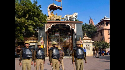 Security personnel outside Krishna Janmabhoomi temple in Mathura on Tuesday. (PTI)