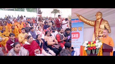 Uttar Pradesh CM Yogi Adityanath addressing an event held to mark Dr BR Ambedkar’s death anniversary in Lucknow. (Sourced)