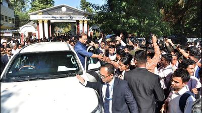 Assam chief minister Himanta Biswa Sarma being greeted by students in Bongaigaon on Monday. (ANI Photo) Assam chief minister Himanta Biswa Sarma being greeted by students in Bongaigaon on Monday. (ANI Photo)