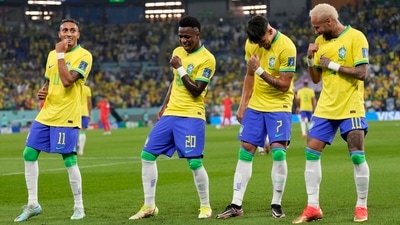 Vinicius Junior (2nd left) celebrates after scoring Brazil's opening goal during the FIFA World Cup round of 16 match against South Korea (AP) Vinicius Junior (2nd left) celebrates after scoring Brazil's opening goal during the FIFA World Cup round of 16 match against South Korea (AP)