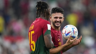 Portugal's Rafael Leao, left, and Portugal's Goncalo Ramos celebrate after the win (AP) Portugal's Rafael Leao, left, and Portugal's Goncalo Ramos celebrate after the win (AP)