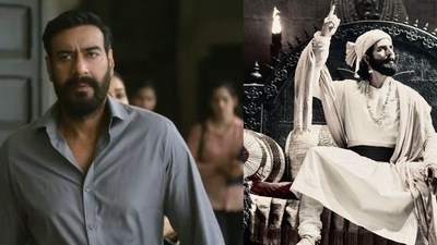 Ajay Devgn in still from Drishyam 2 and Akshay Kumar as  Chhatrapati Shivaji Maharaj.
