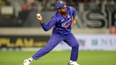 Sanju Samson fields during the first ODI between New Zealand and India at Eden Park in Auckland (AFP)