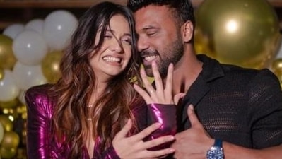 Divya Aggarwal poses with her new ring and Apurva Padgaonkar.