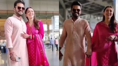 Hansika Motwani with Sohael Khaturiya at Mumbai airport. Hansika Motwani with Sohael Khaturiya at Mumbai airport.