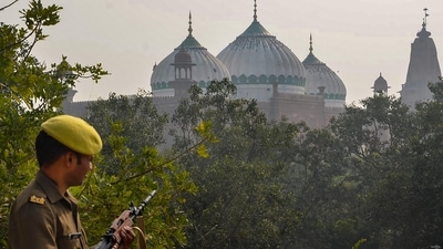Mathura: A security personnel stand guard near Sri Krishna Janambhumi and Shahi Mosque Eidgah a day before the Babri Mosque Demolition Day, in Mathura, Monday, (PTI) Mathura: A security personnel stand guard near Sri Krishna Janambhumi and Shahi Mosque Eidgah a day before the Babri Mosque Demolition Day, in Mathura, Monday, (PTI)