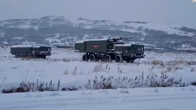 Russia: A view shows military vehicles of the Bastion coastal missile system that went on duty on the Kuril island of Paramushir, Russia. (Reuters)