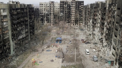 An aerial view shows residential buildings that were damaged during the Ukraine-Russia conflict in the southern port city of Mariupol, Ukraine. (REUTERS)