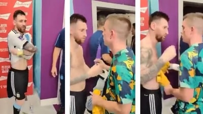 FIFA World Cup 2022: Lionel Messi hands his jersey to Cameron Delvin. (Twitter) FIFA World Cup 2022: Lionel Messi hands his jersey to Cameron Delvin. (Twitter)