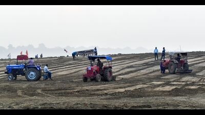 Preparations underway at the Mela site for the fair. (HT Photo)