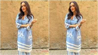 Neha picked a pastel blue silk kurta with patterns in white, and teamed it with a pair of blue and white striped silk palazzos. (Instagram/@nehadhupia)