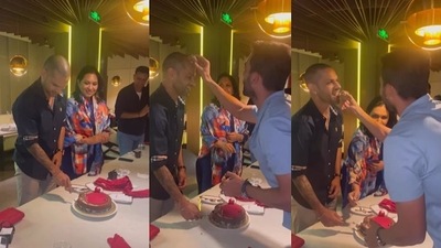 Shikhar Dhawan celebrates 37th birthday with Rahul Dravid and Team India (Screengrab) Shikhar Dhawan celebrates 37th birthday with Rahul Dravid and Team India (Screengrab)
