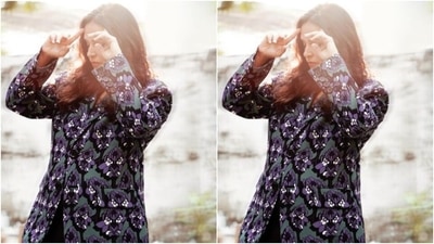 Neha decked up in a black dropped top and a pair of black formal trousers. She added the necessary pop of colours to her look with a multicoloured printed blazer. (Instagram/@nehadhupia)