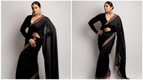 Huma Qureshi graced the red carpet donning a gorgeous black saree teamed with a full-sleeve black blouse. (Instagram/@iamhumaq) Huma Qureshi graced the red carpet donning a gorgeous black saree teamed with a full-sleeve black blouse. (Instagram/@iamhumaq)