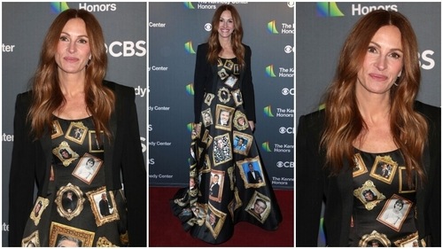 Julia Roberts wears gown covered in George Clooney's face. (AP) Julia Roberts wears gown covered in George Clooney's face. (AP)