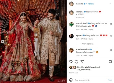 Hansika Motwani has shared pictures from her wedding. Hansika Motwani has shared pictures from her wedding.