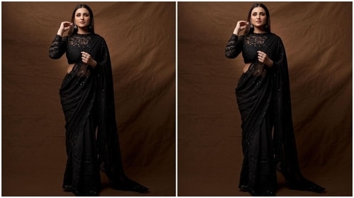 Parineeti Chopra dressed in a black sheer saree and lace embroidered blouse looks elegant and beautiful. (Instagram/@parineetichopra) Parineeti Chopra dressed in a black sheer saree and lace embroidered blouse looks elegant and beautiful. (Instagram/@parineetichopra)