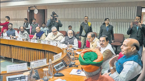 Defence minister Rajnath Singh at the all-party meeting at Parliament House on Tuesday. (PTI)