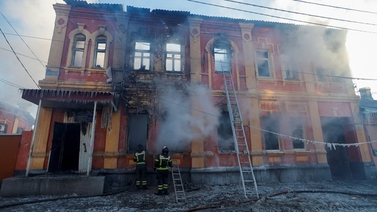 Hours after the shelling subsided, firefighters were seen outside damaged buildings. The focus of fighting in Ukraine has shifted this month to Donbas after Kyiv's forces recaptured the southern city of Kherson following a Russian retreat from the regional capital, AFP reported.&nbsp;(Alexander Ermochenko / REUTERS )