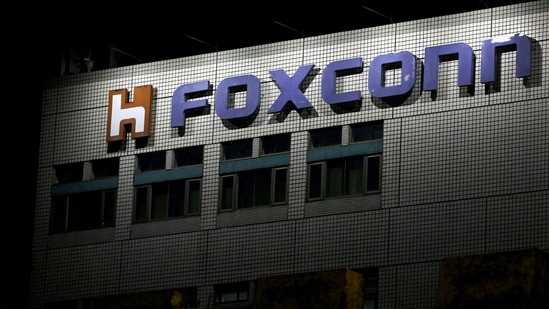 The logo of Foxconn is seen outside the company's building.(Reuters)