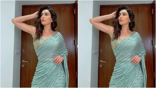 Karishma played muse to fashion designer house Prevasu and picked a shimmery pastel blue saree from the shelves of the designer house.(Instagram/@karishmaktanna)