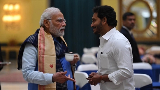 PM Modi with Andhra Pradesh Chief Minister Jagan Mohan Reddy during the all-party meeting on G20 summit.(PTI)