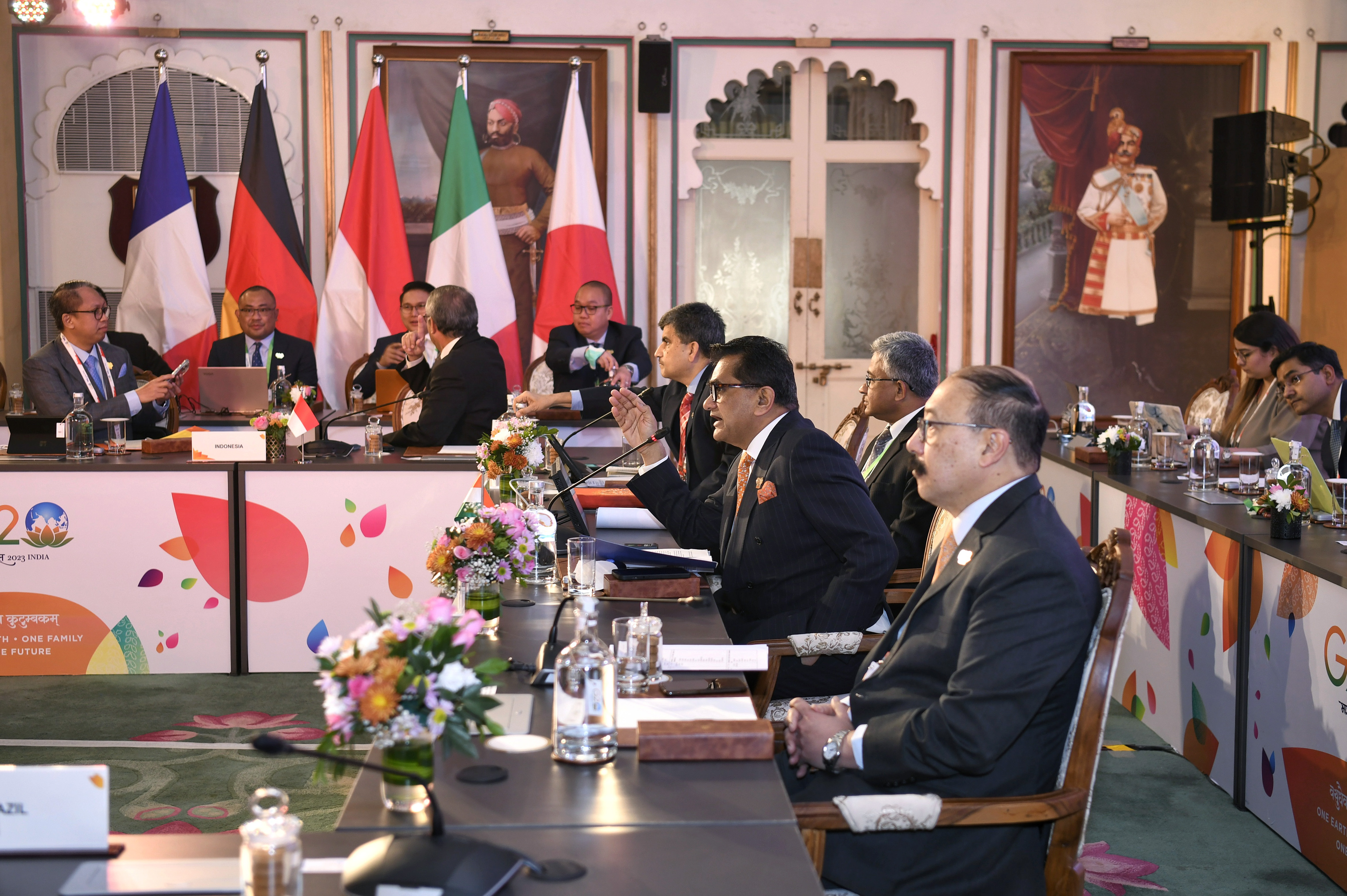 G20 Sherpa of India, Amitabh Kant with G20 chief coordinator Harsh Vardhan Shringla holds talks with Sherpas of Emerging Market Economies (EME) on the sidelines of the 1st Sherpa meeting of the G20 India presidency, in Udaipur on Monday. (ANI Photo) (Ishant) G20 Sherpa of India, Amitabh Kant with G20 chief coordinator Harsh Vardhan Shringla holds talks with Sherpas of Emerging Market Economies (EME) on the sidelines of the 1st Sherpa meeting of the G20 India presidency, in Udaipur on Monday. (ANI Photo) (Ishant)