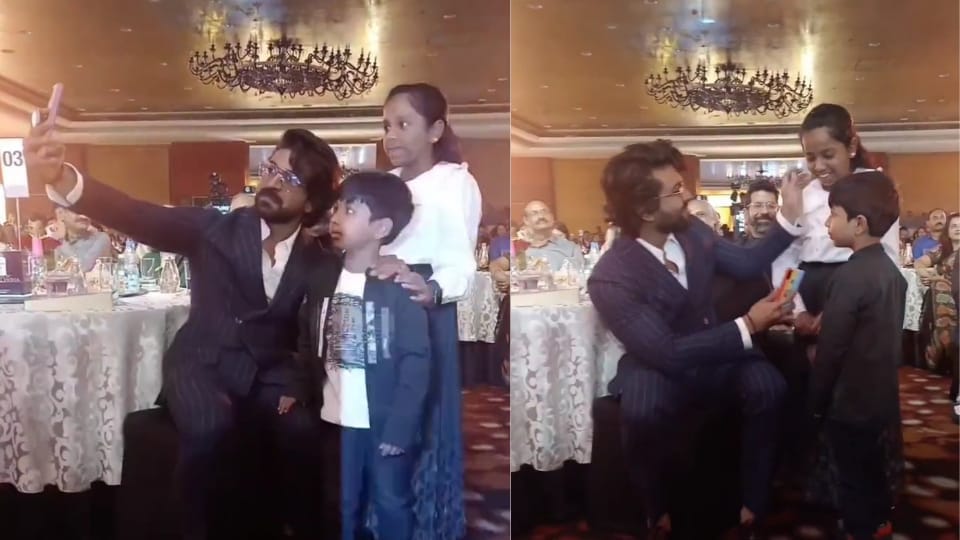 Ram Charan with the children of late colonel Santosh Babu at an event. Ram Charan with the children of late colonel Santosh Babu at an event.