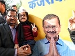 Supporters of Delhi chief minister Arvind Kejriwal celebrate after his Aam Aadmi Party beat the BJP to win control of the city's civic body.. Supporters of Delhi chief minister Arvind Kejriwal celebrate after his Aam Aadmi Party beat the BJP to win control of the city's civic body..