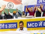 Delhi Chief Minister Arvind Kejriwal celebrating MCD win in Delhi. (PTI) Delhi Chief Minister Arvind Kejriwal celebrating MCD win in Delhi. (PTI)